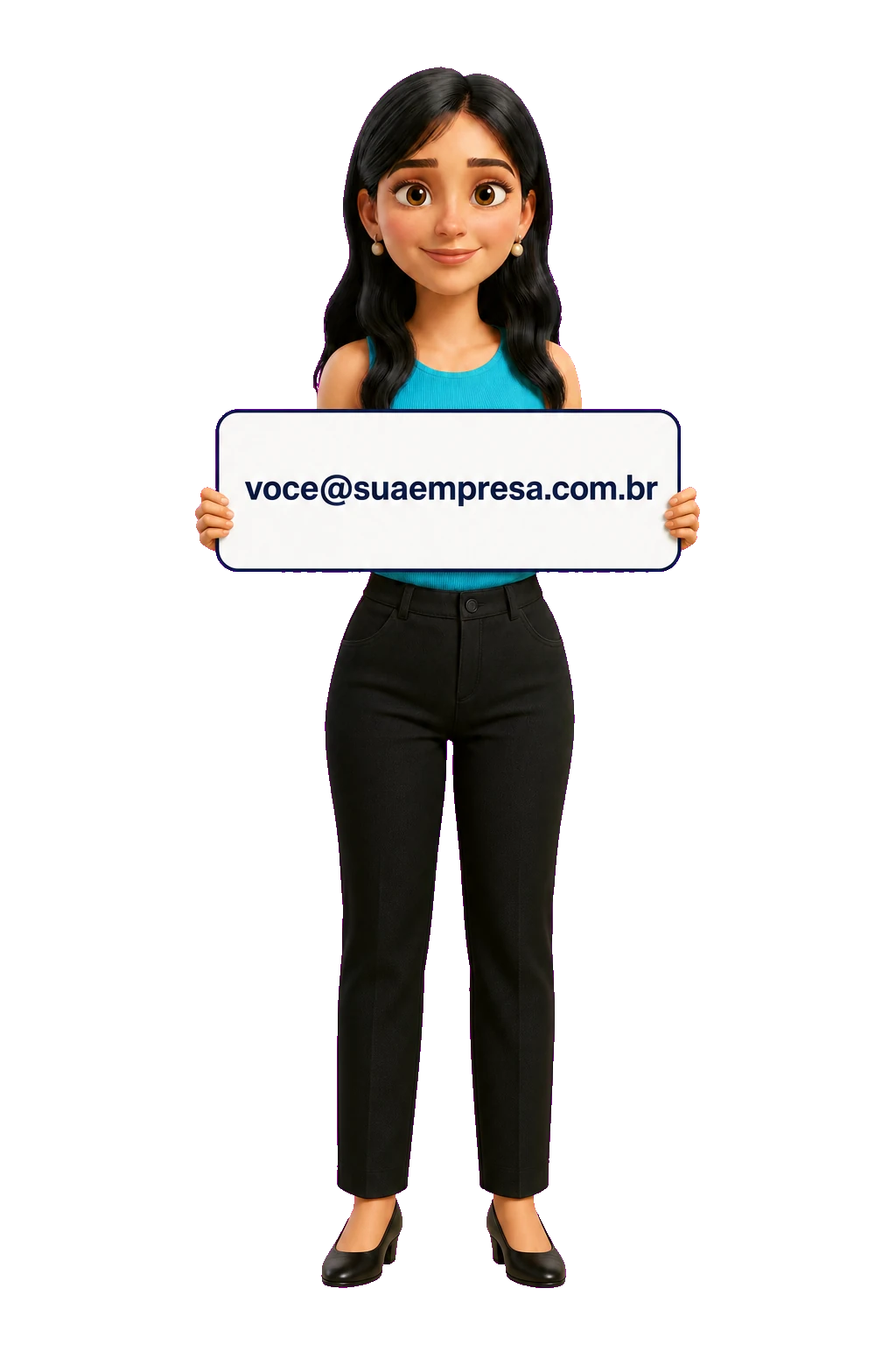 Tina segurando uma placa com o endereço voce@suaempresa.com.br